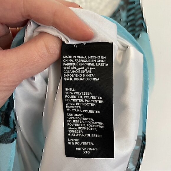 BEBE Blue Black White Feather Print Crochet Trim Sleeveless Mini Shift Dress XS - Picture 6 of 12